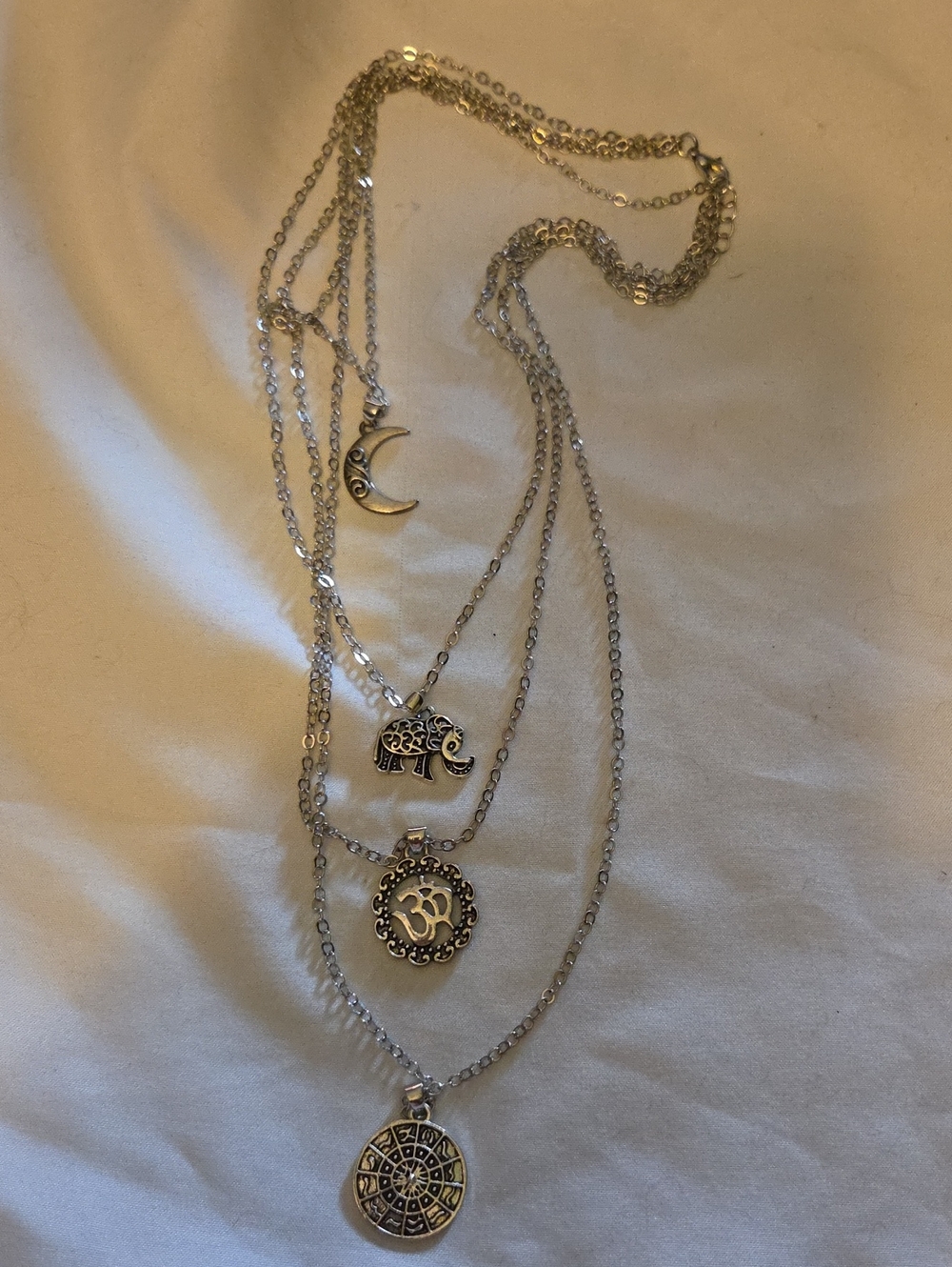 Silver-Tone 4 Layered Necklace with Moon, Elephant & Om Pendants